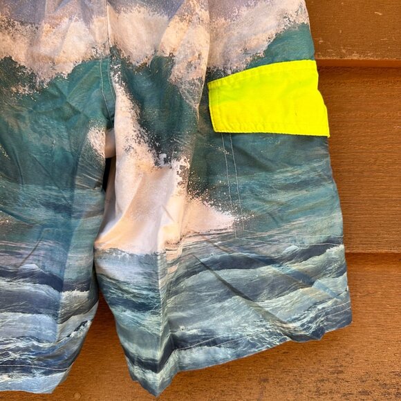 OP Boys Shark Swim Trunks Blue Ocean Surf Print Neon Yellow Waistband Size M 8 - Picture 8 of 9